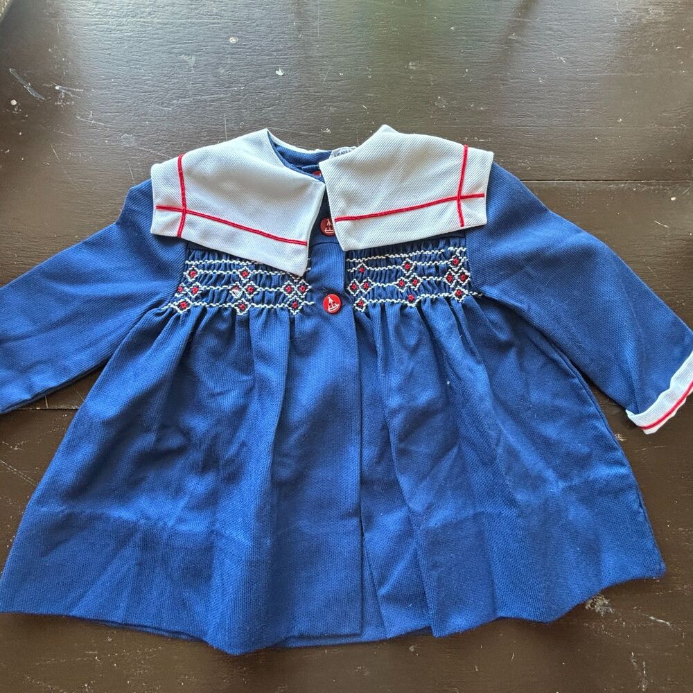 Vintage Polly Flinders Smocked Nautical Sailor Hat Infant Girls Dress 12 Months